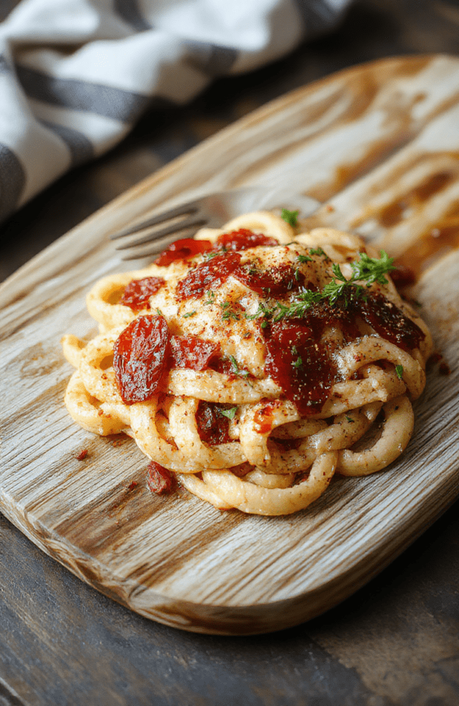 Shiny al dente pasta in a creamy tomato sauce studded with ruby sundried tomatoes, torn basil, and parmesan shavings. The plate rests on a white marble surface with a drizzle of olive oil, showcasing vibrant red, green, and golden hues and a glossy finish.